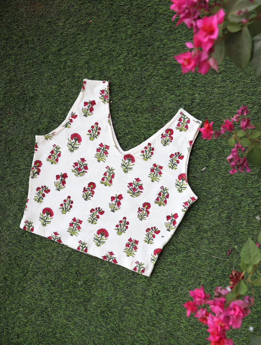 White Guldasta Sanganeri Sleeveless Stretchable Blouse/Crop Top