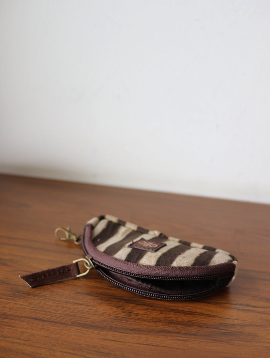 Brown Stripe Dabu print and Plant leather Coin/Key Pouch
