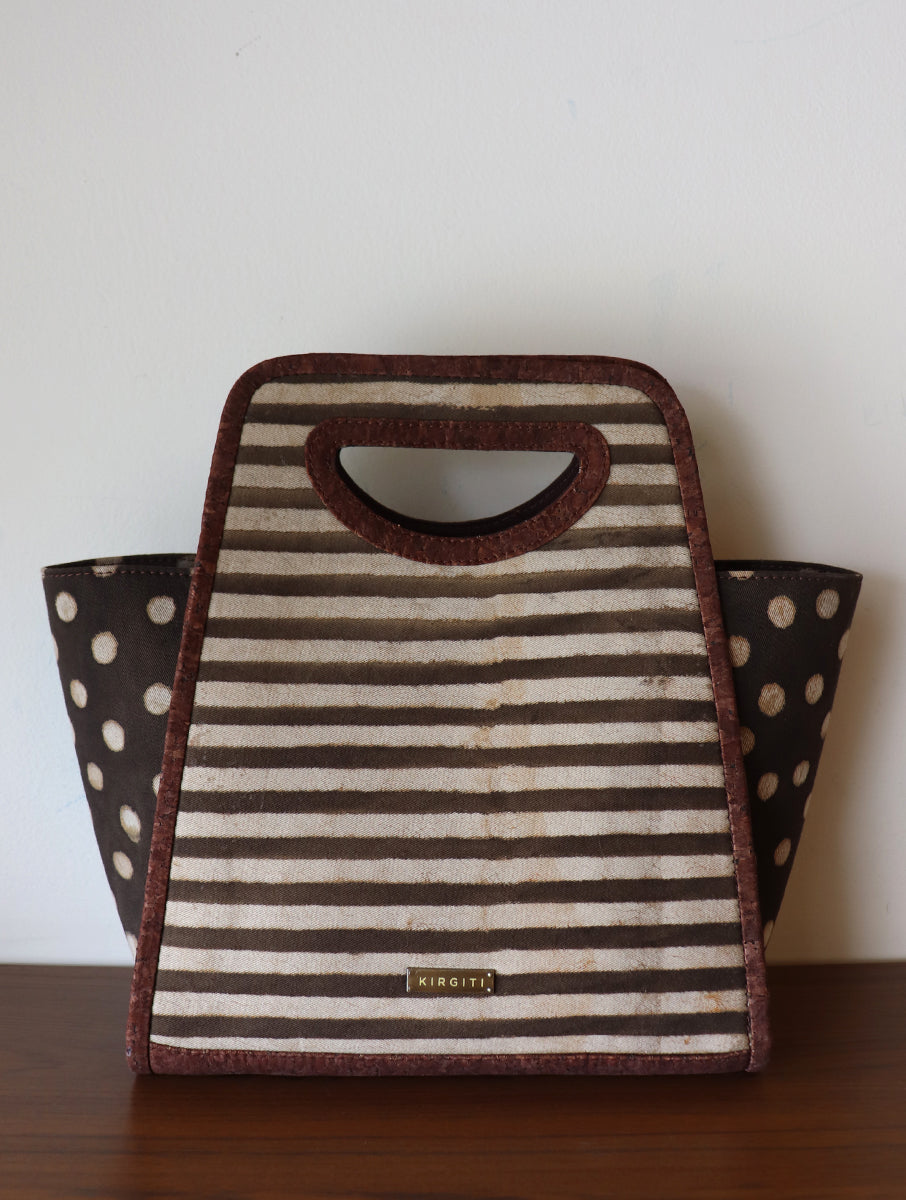 Brown Striped and Polka Dabu Printed and Vegan Leather Structured Hand Bags