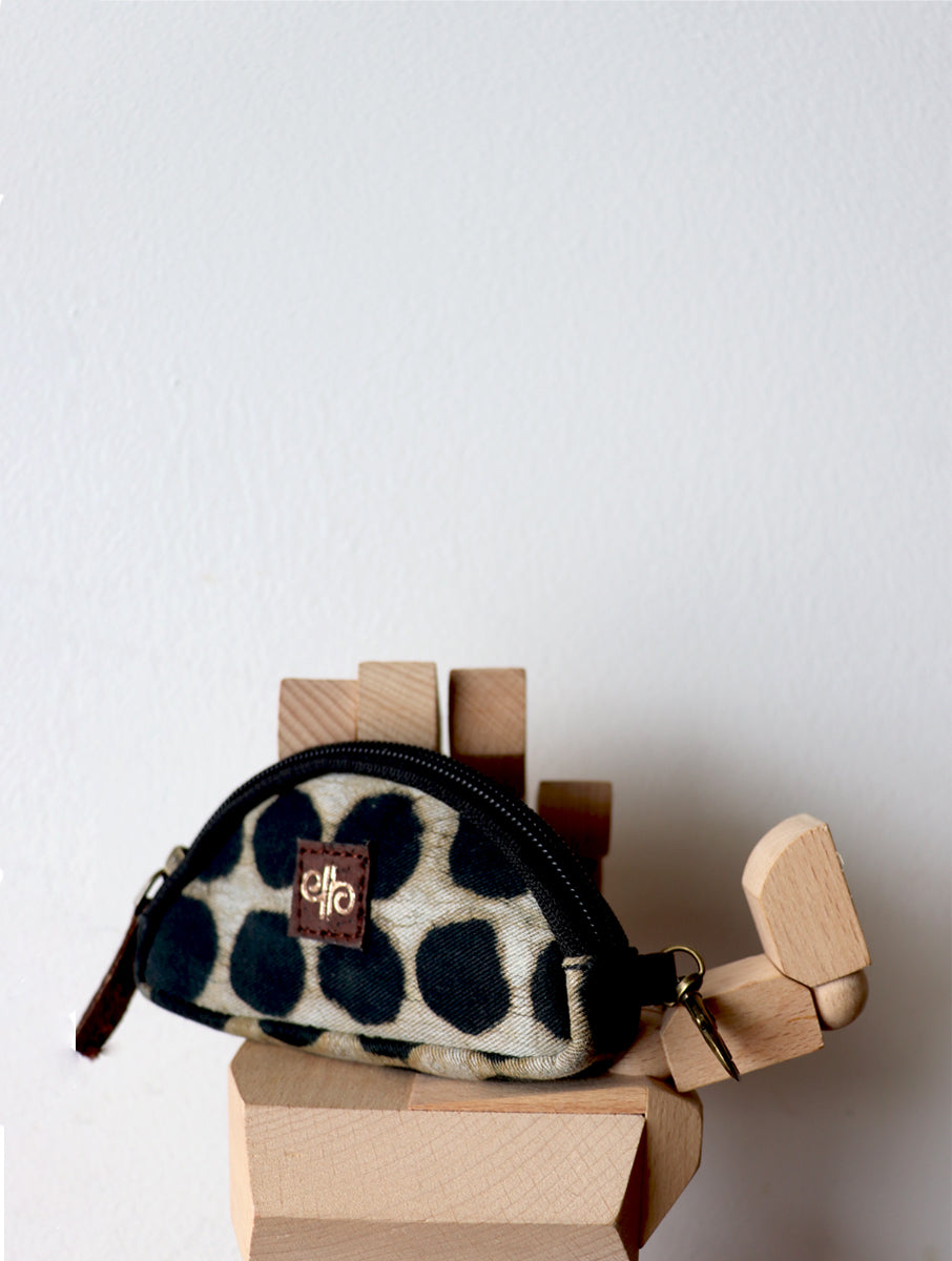 Black Dabu Print And Plant Leather Coin/Key Pouch