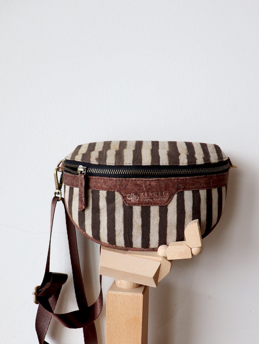 Brown Striped Dabu Printed And Vegan Leather Cross Body Cum Waist Bag
