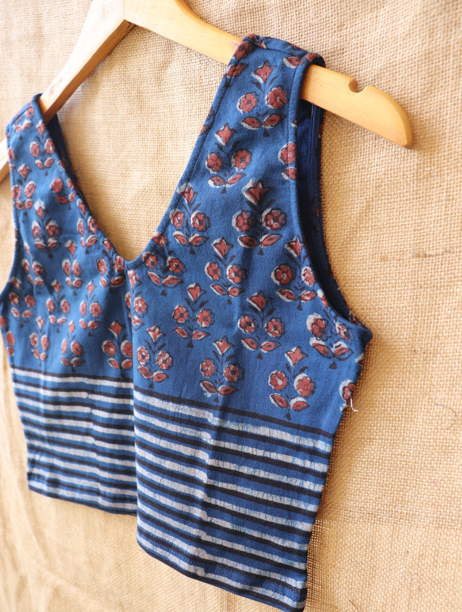 Indigo Boota Lined Dabu Printed Stretchable Blouse/Crop Top