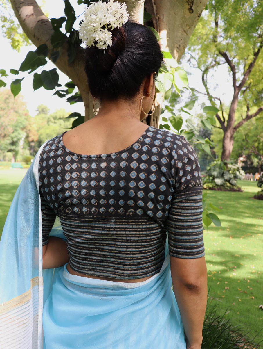 Grey Blue Boota Dabu Printed Stretchable Blouse/Crop Top