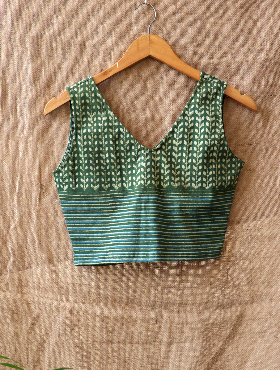 Green Leaf Lined Dabu Printed Stretchable Blouse/Crop Top