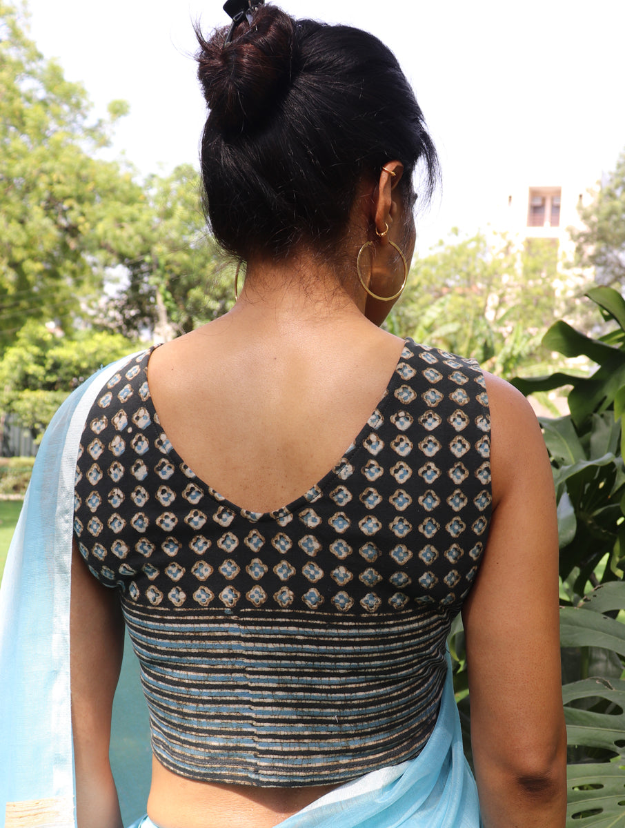 Grey Blue Boota Dabu Printed Stretchable Blouse/Crop Top