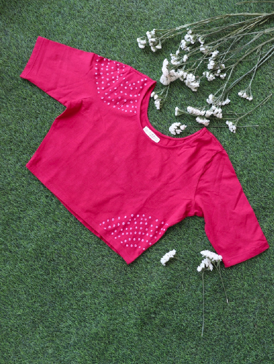 Pink Shoulder Bandhej Stretchable Blouse/Crop Top