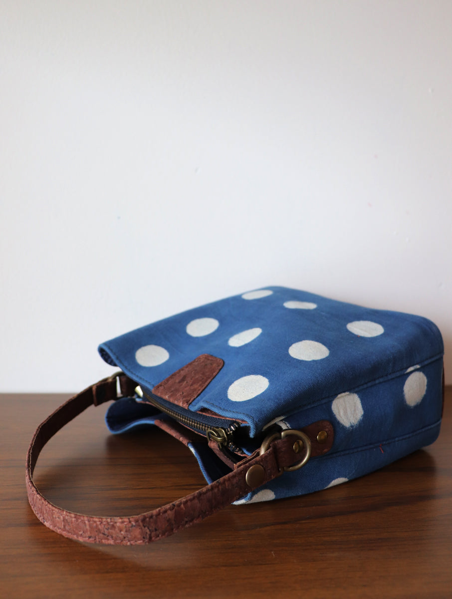 Indigo Polka Dabu Printed and Vegan Leather Cork Sling Bag with Handle