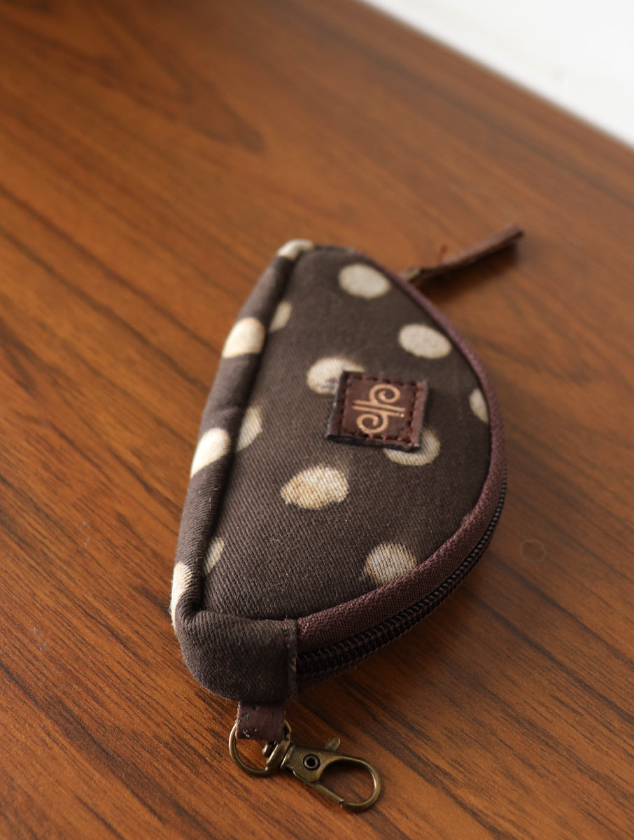 Brown Dotted Dabu Print And Plant Leather Coin/Key Pouch