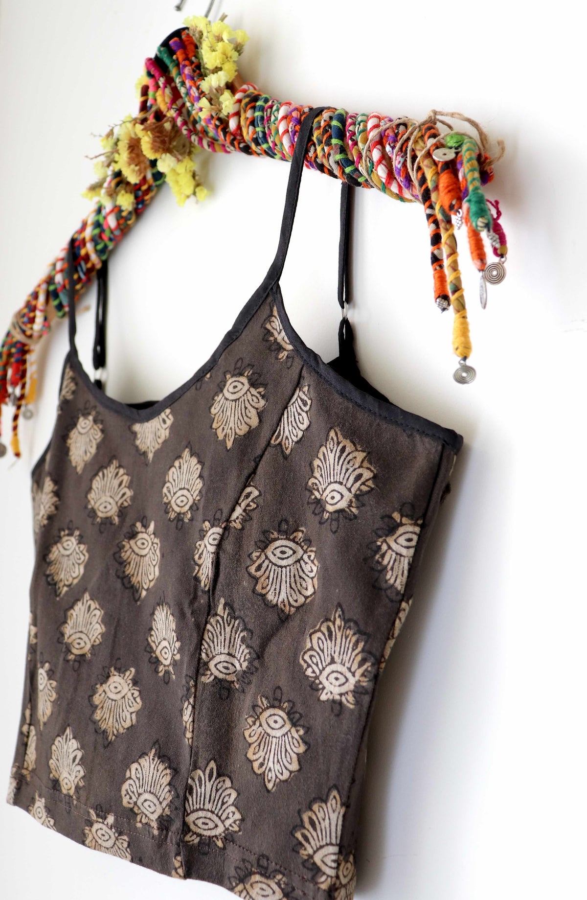 Brownish Boota Dabu Printed Stretchable Spaghetti Blouse/Crop Top
