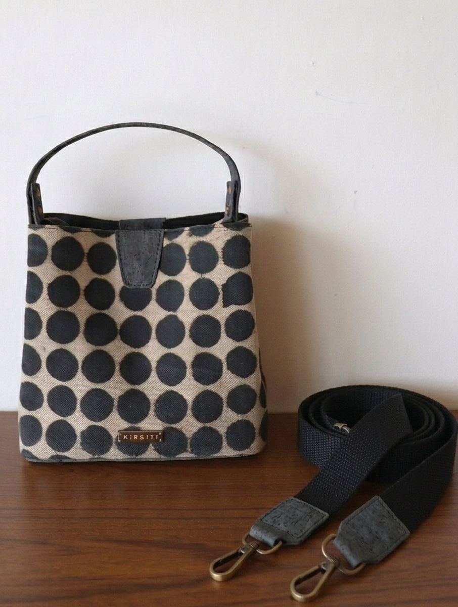 Black Polka Dabu Printed and Vegan Leather Cork Sling Bag with Handle