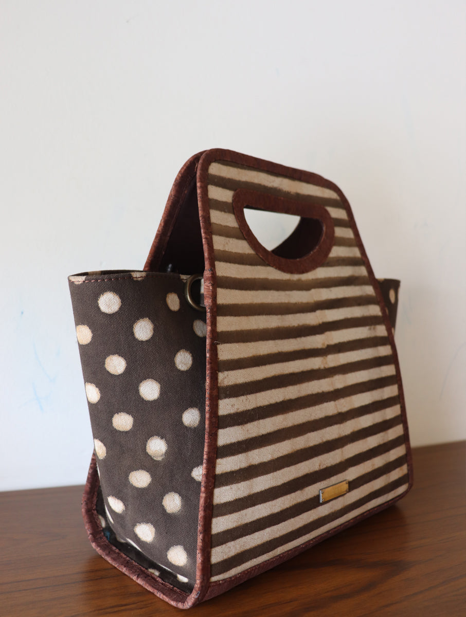 Brown Striped and Polka Dabu Printed and Vegan Leather Structured Hand Bags