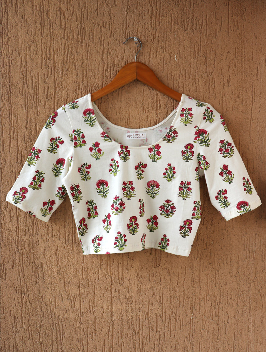 White Guldasta Sanganeri Stretchable Blouse/Crop Top