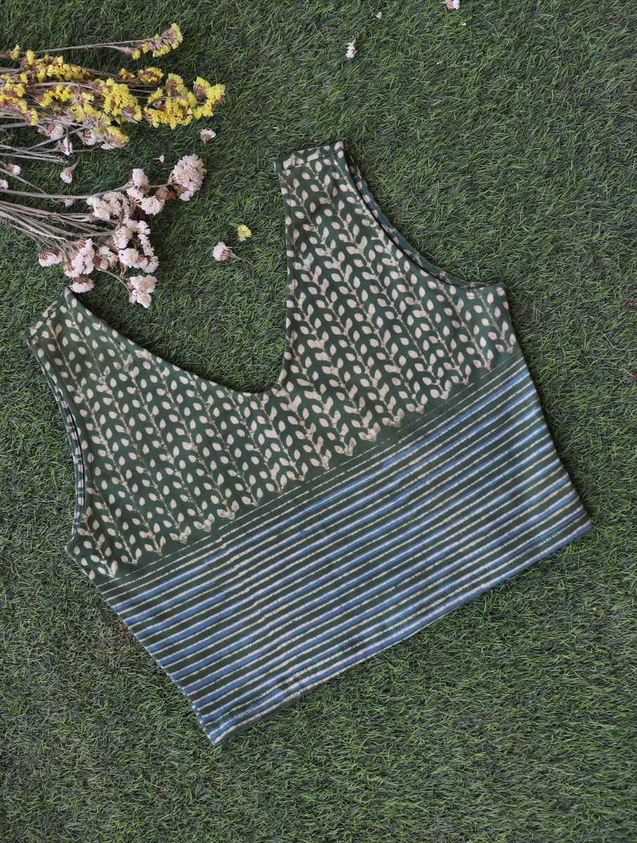 Green Leaf Lined Dabu Printed Stretchable Blouse/Crop Top
