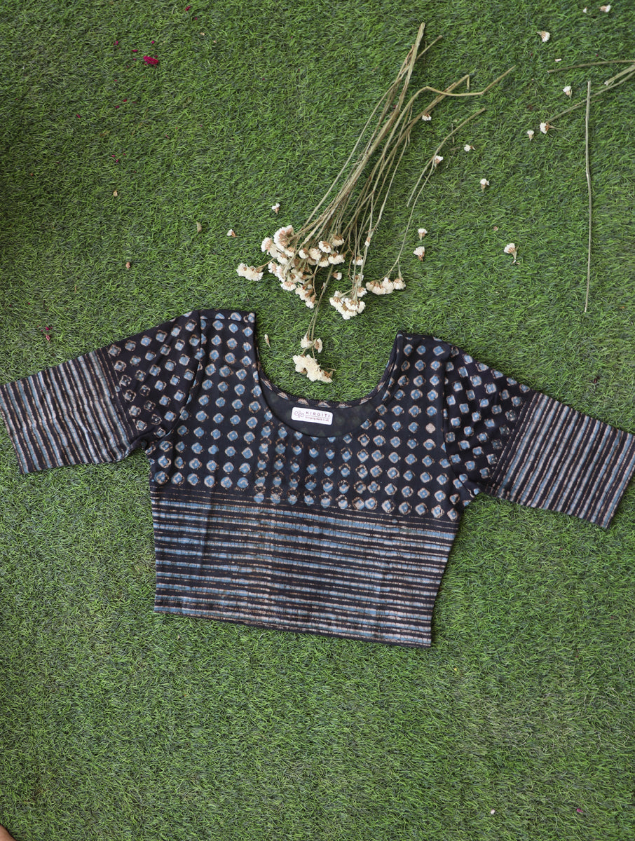 Grey Blue Boota Dabu Printed Stretchable Blouse/Crop Top
