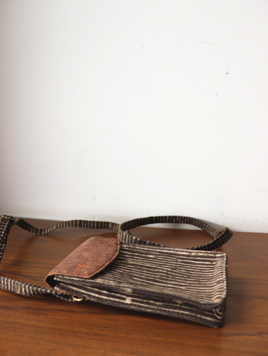 Brown Striped Dabu Printed and Vegan Leather Cork Phone Sling Bag
