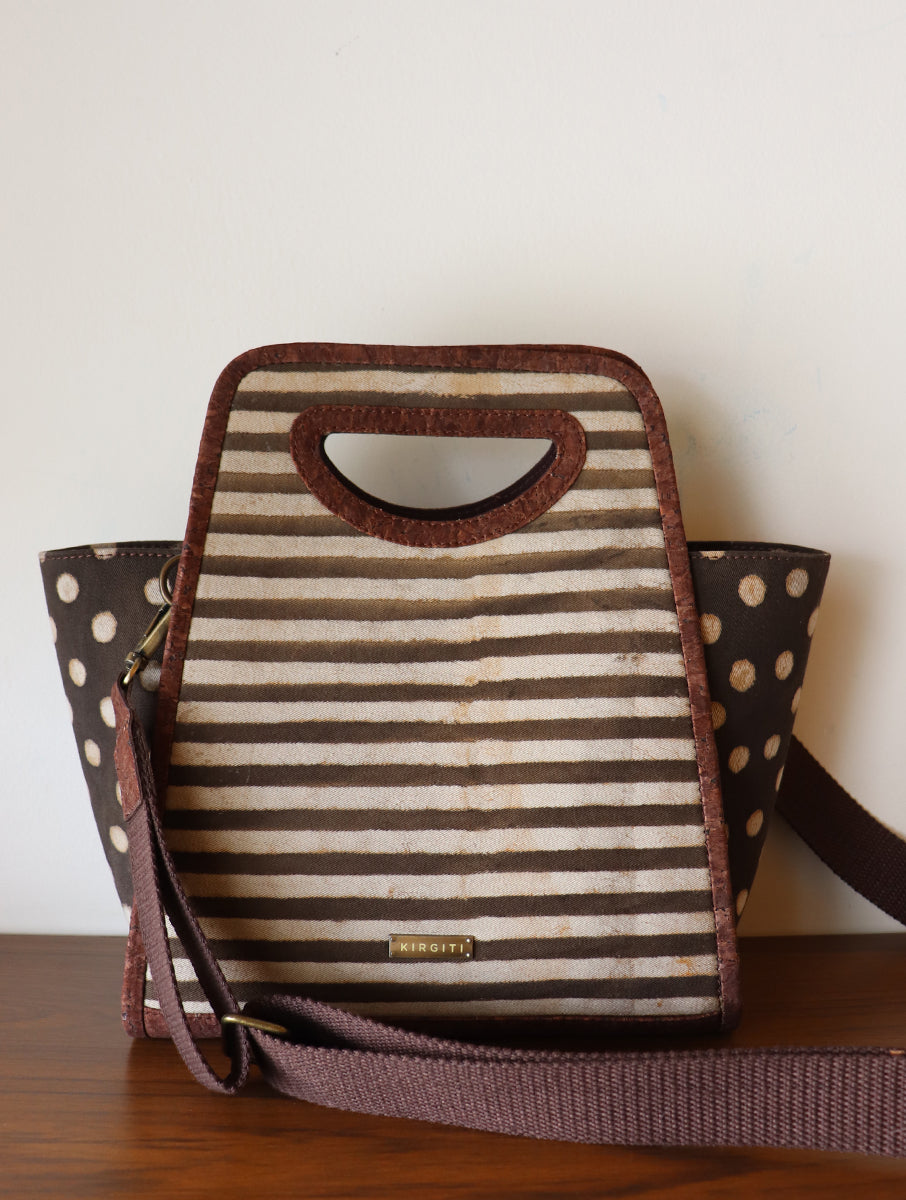 Brown Striped and Polka Dabu Printed and Vegan Leather Structured Hand Bags
