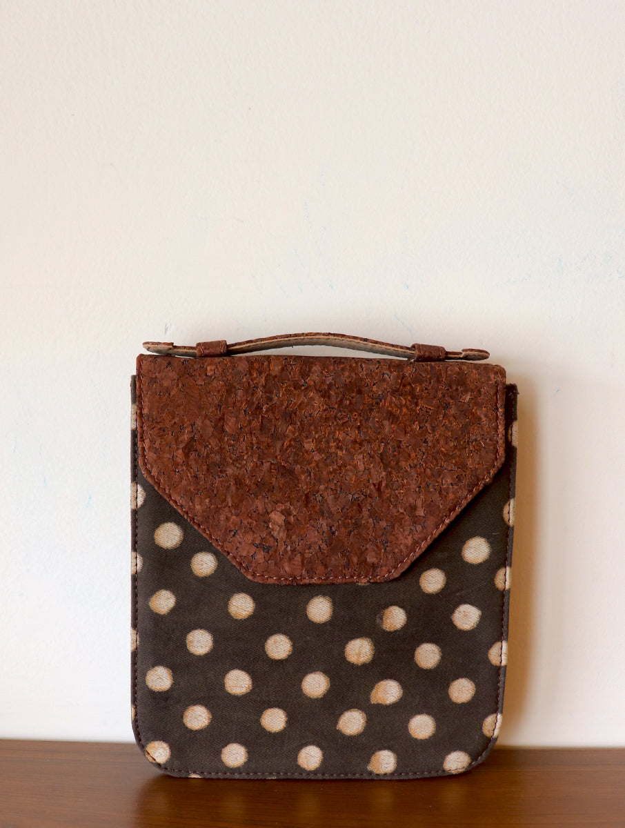 Brown Polka Dabu Printed and Vegan leather Hand bag cum sling Bag