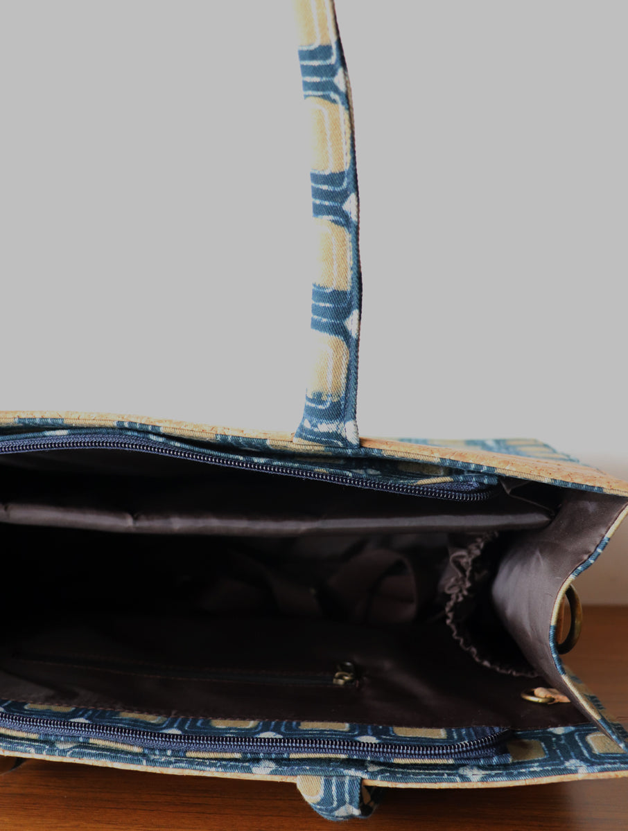Multi Box Dabu Printed And Vegan Leather Cork Sling Cum Tote Bag
