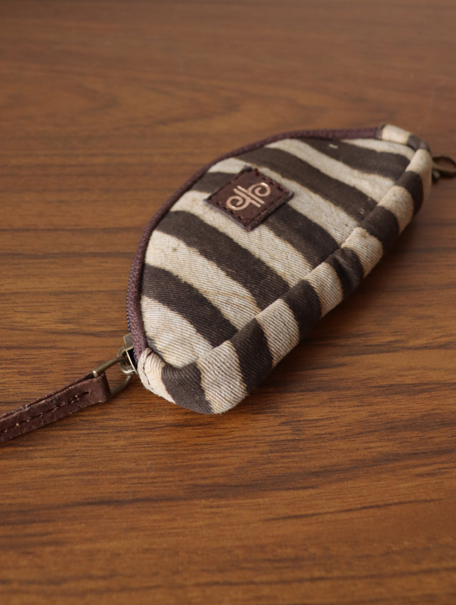 Brown Striped Dabu Printed and Vegan Leather Coin/Key Pouch