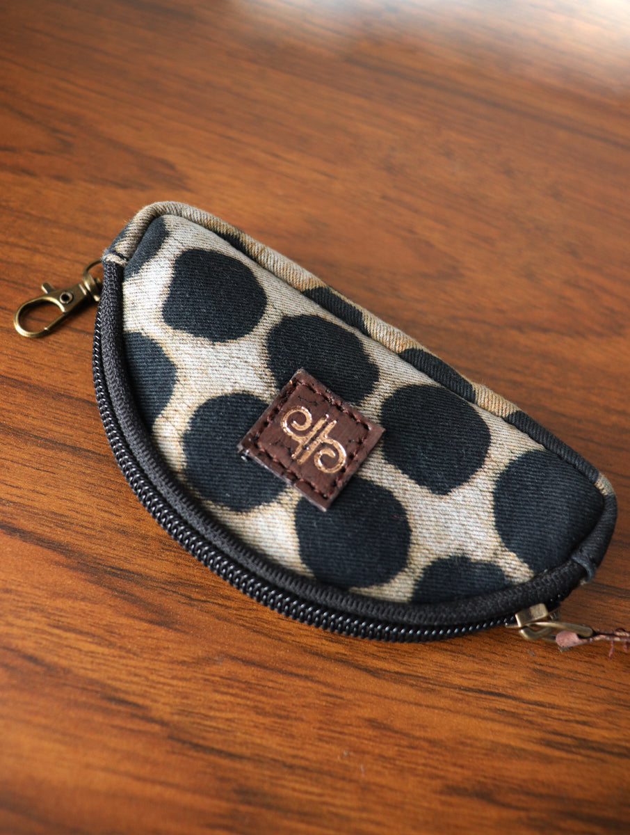 Black Dabu Print And Plant Leather Coin/Key Pouch