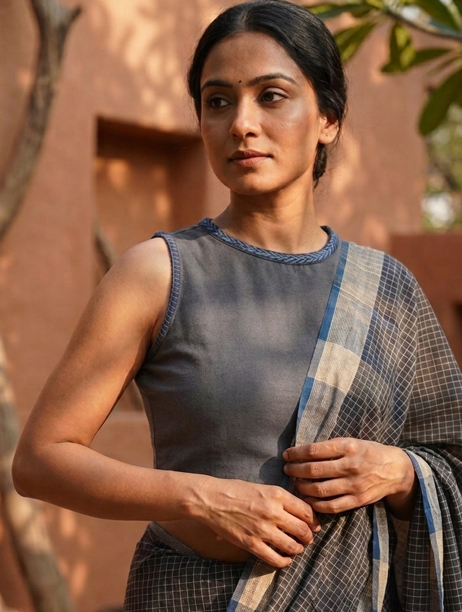 Grey Hand Embroidered Lazy Daisy and Blanket Stitch High Neck Stretchable Blouse/Crop Top