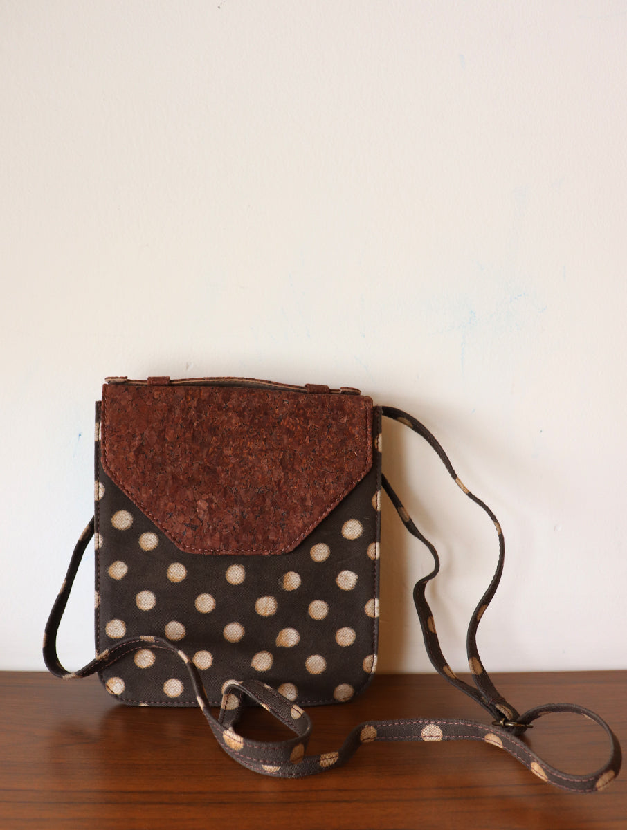 Brown Polka Dabu Printed and Vegan leather Hand bag cum sling Bag