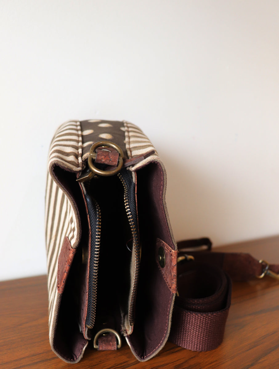 Brown Striped Dabu Printed and Vegan Leather Cork Sling Bag with Handle