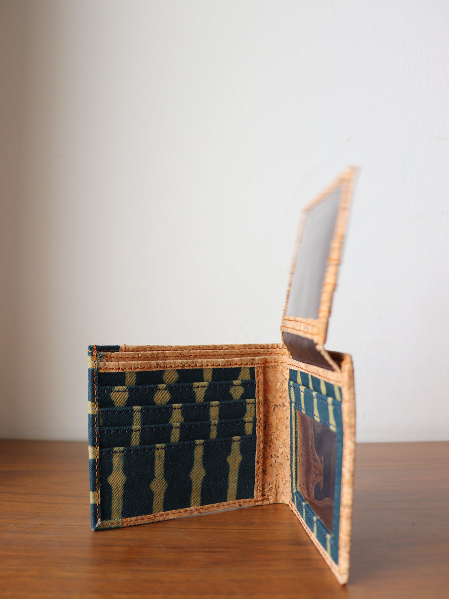 Green Striped Dabu Printed & Vegan Leather Cork Wallet