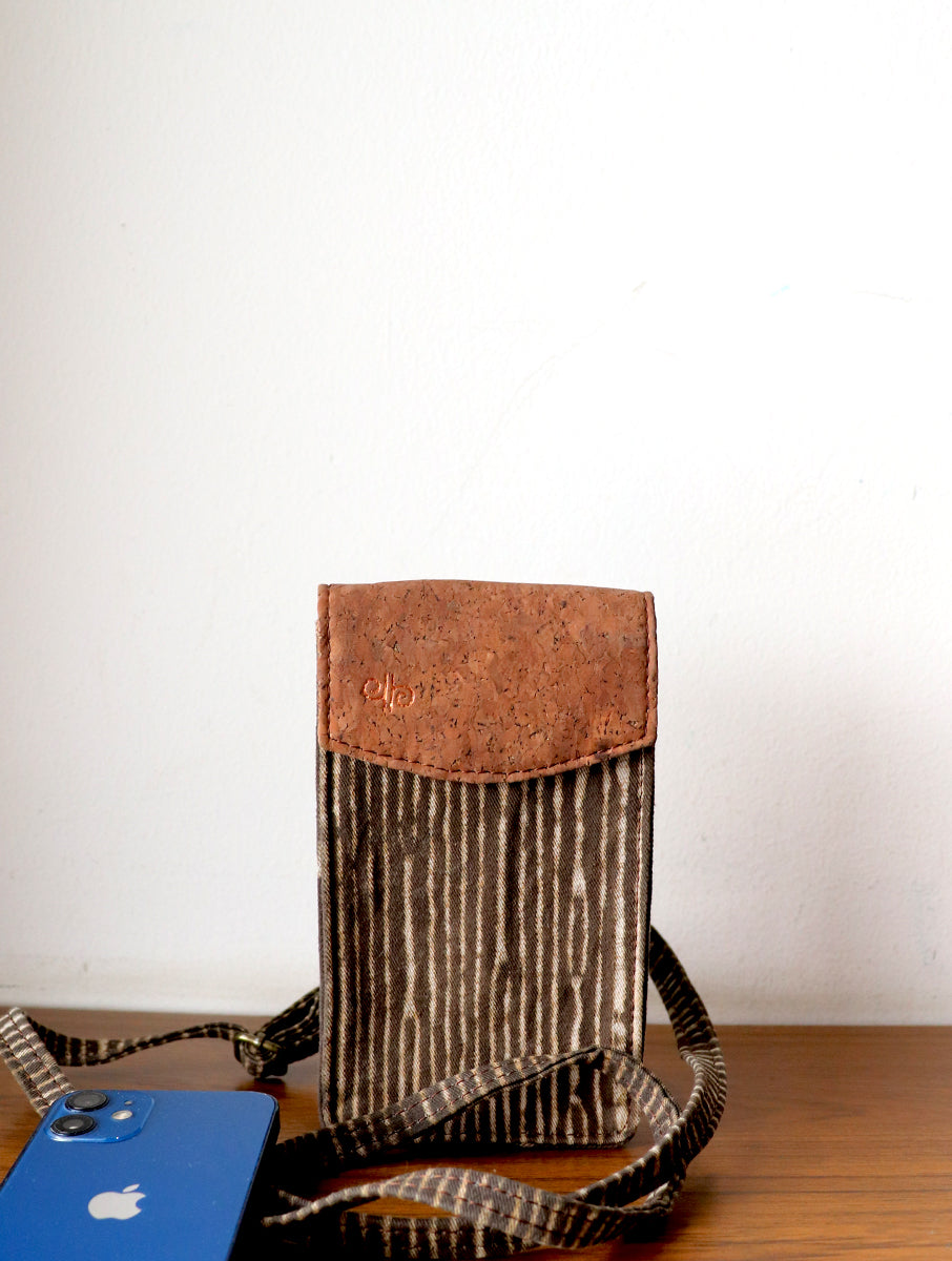 Brown Striped Dabu Printed and Vegan Leather Cork Phone Sling Bag