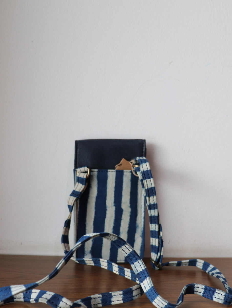 Indigo Striped Dabu Printed and Vegan Leather Cork Phone Sling Bag