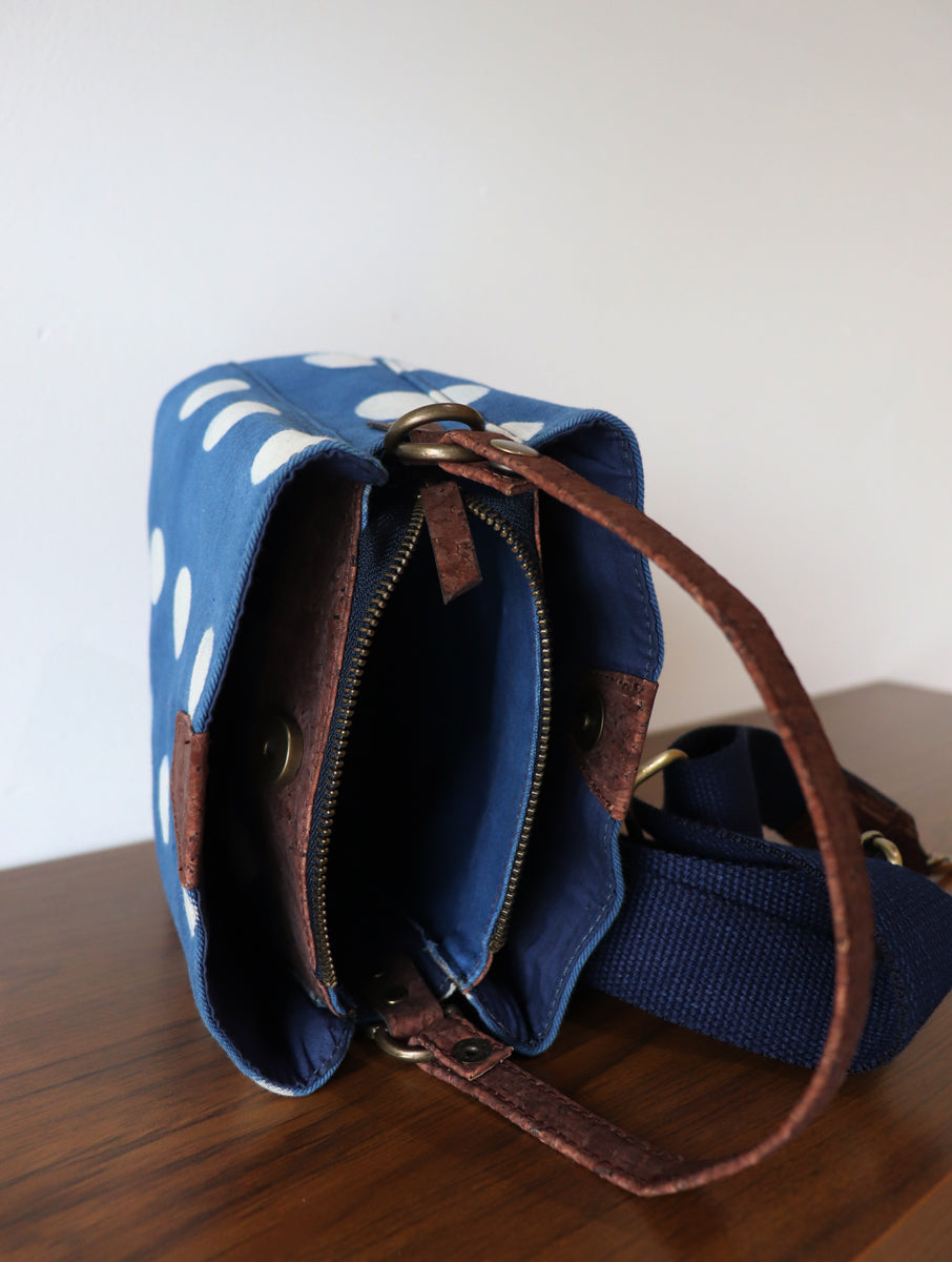 Indigo Polka Dabu Printed and Vegan Leather Cork Sling Bag with Handle