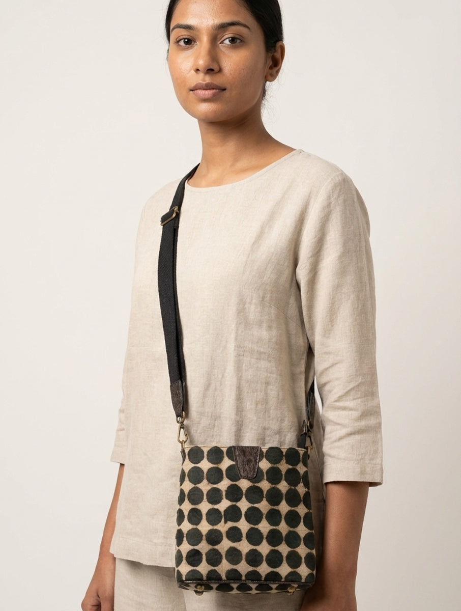 Black Polka Dabu Printed and Vegan Leather Cork Sling Bag with Handle
