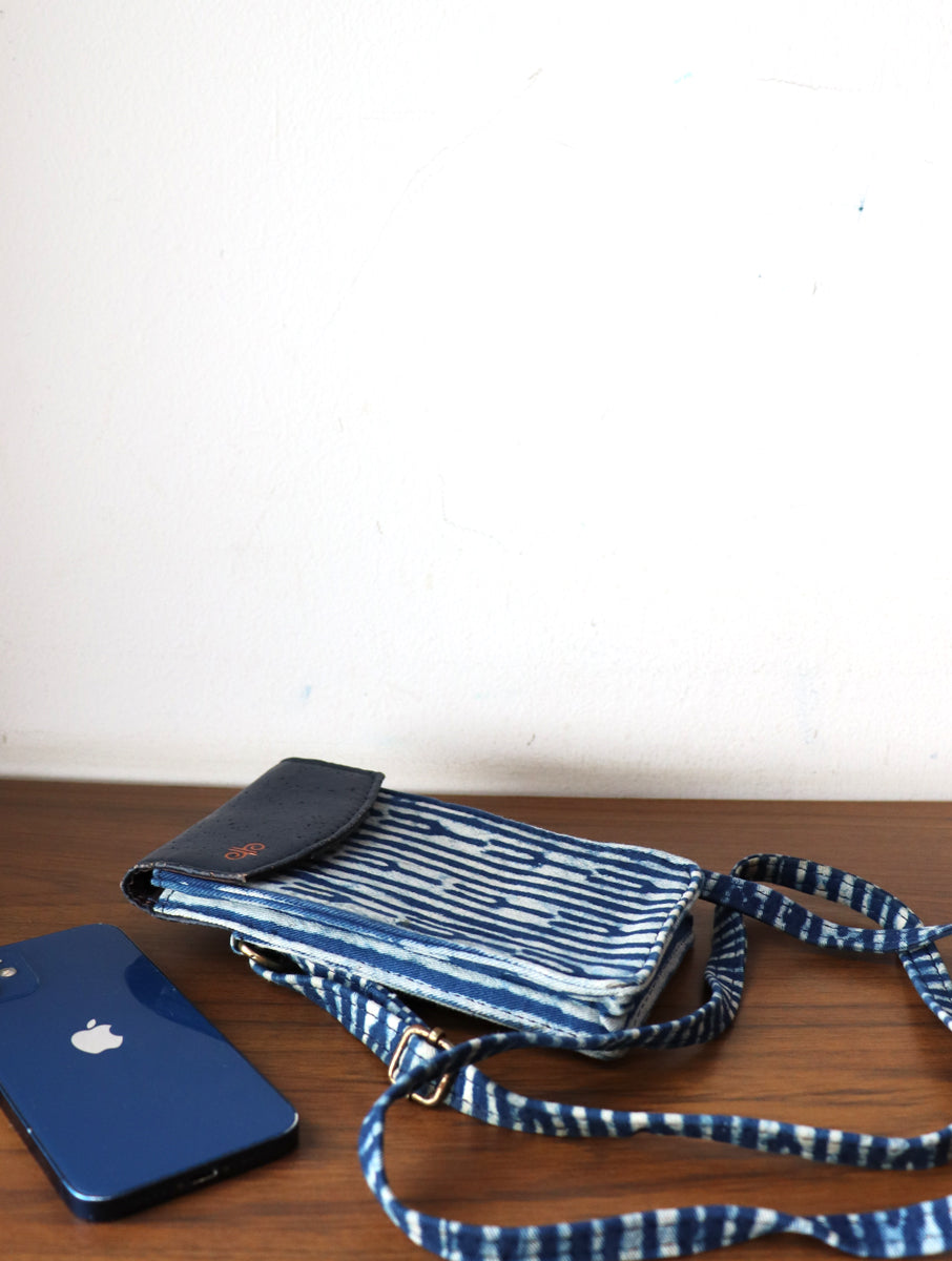 Indigo Fork Dabu Printed and Vegan Leather Cork Sling Bag