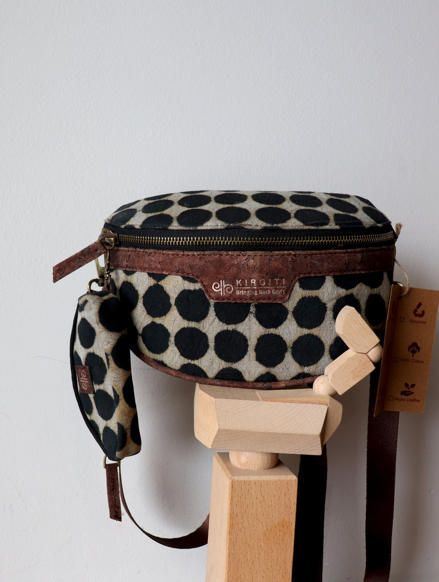 Black Polka Dot Dabu Printed And Vegan Leather Cross Body Cum Waist Bag