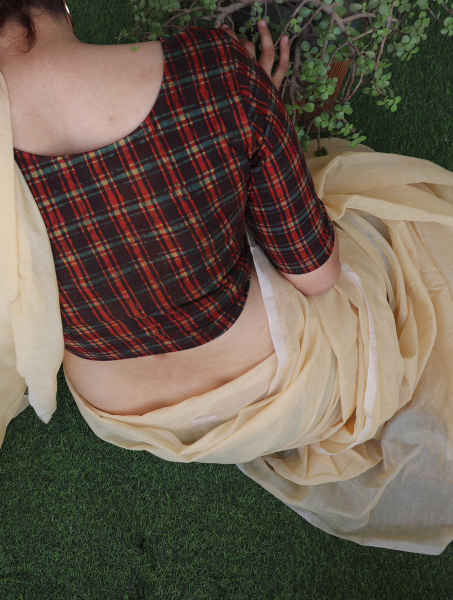 Maroon Checks Dabu Printed Stretchable Blouse/Crop Top