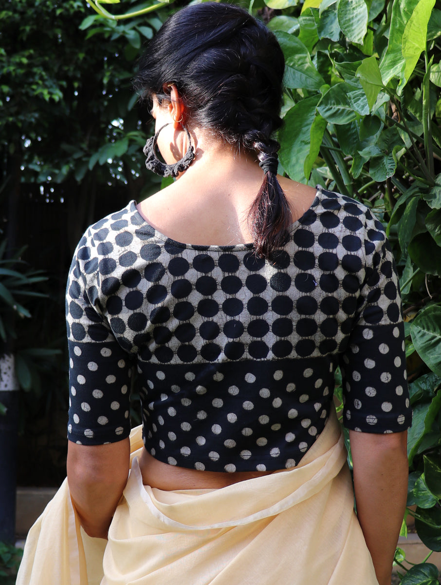 Black Polka Dotted Dabu Printed Stretchable Blouse/Crop Top