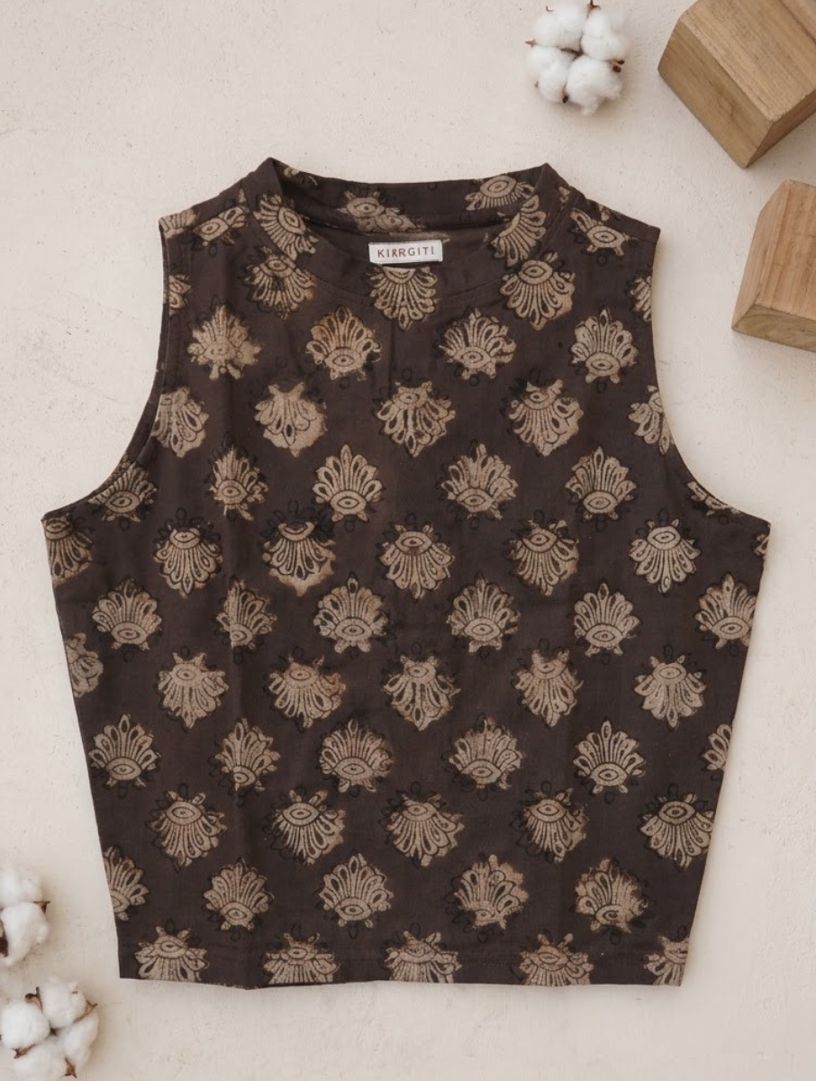 Brownish Boota Dabu Printed Highneck Stretchable Blouse/Crop Top