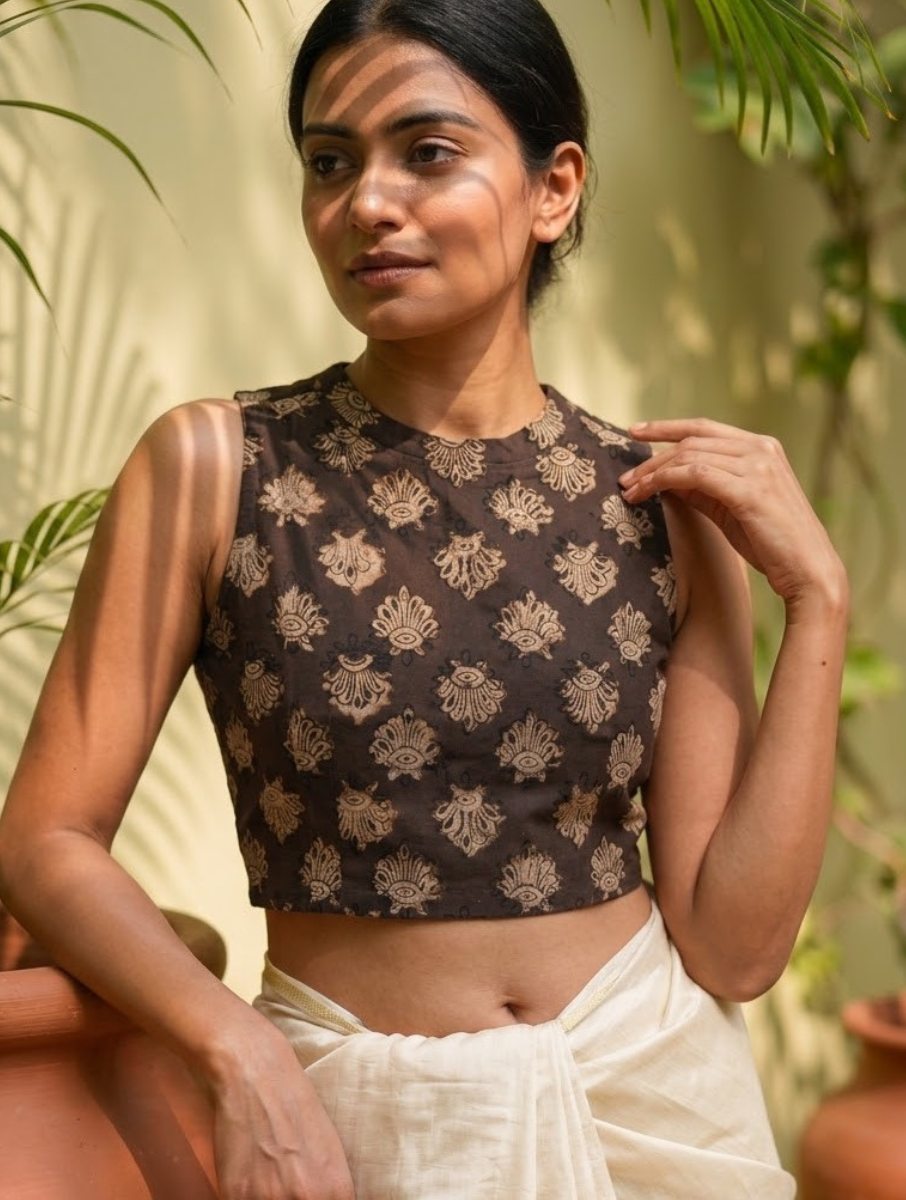 Brownish Boota Dabu Printed Highneck Stretchable Blouse/Crop Top