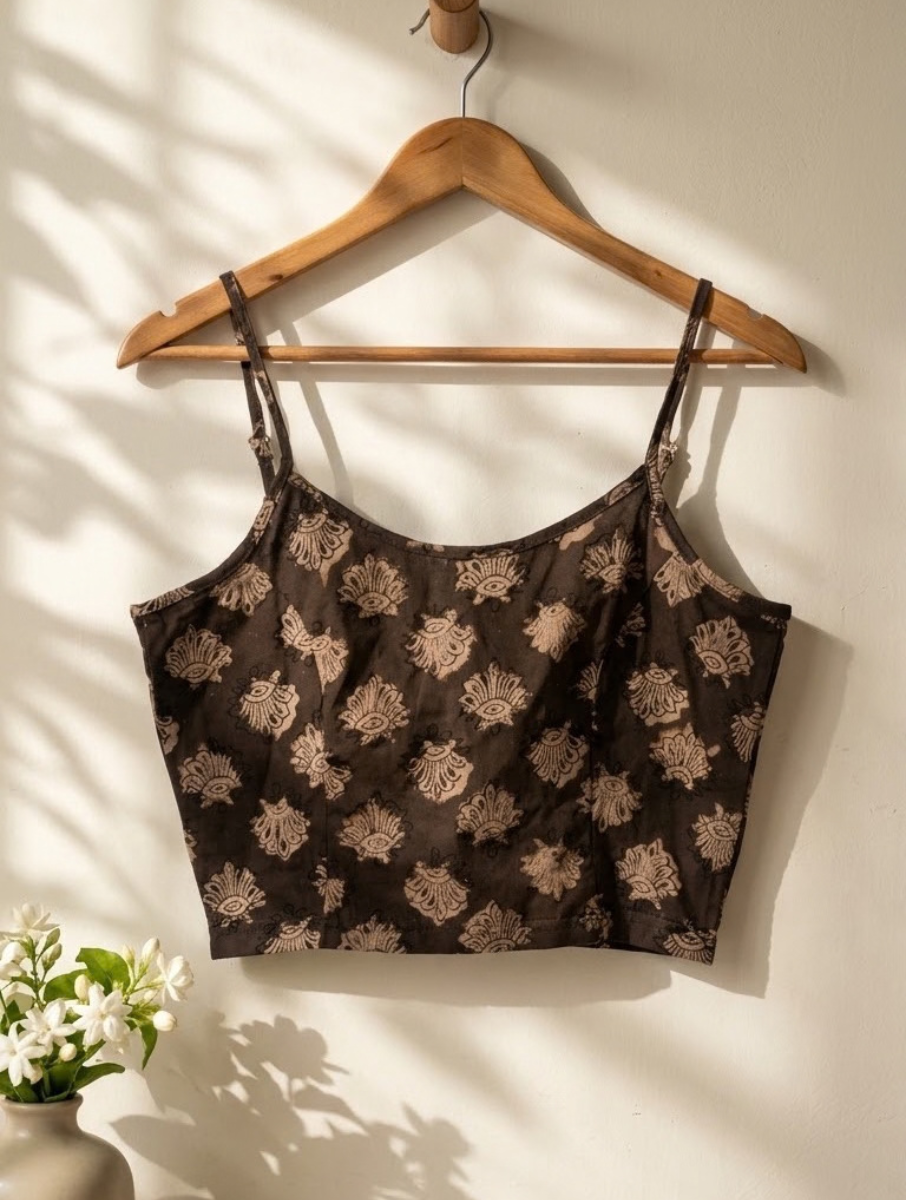 Brownish Boota Dabu Printed Stretchable Spaghetti Blouse/Crop Top