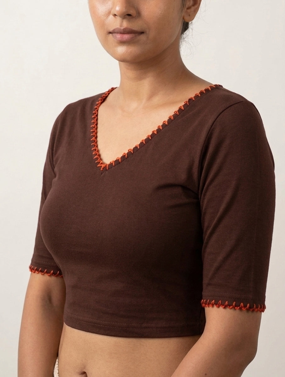 Hand Looped Scallop Edge Brown Hand Embroidered Stretchable Blouse/Crop Top