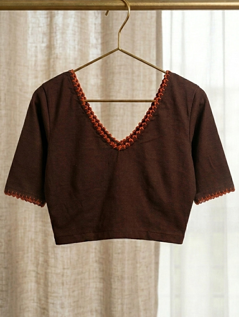 Hand Looped Scallop Edge Brown Hand Embroidered Stretchable Blouse/Crop Top