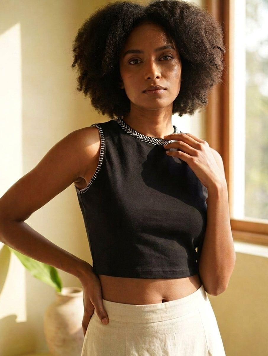 Black Lazy Daisy and Blanket Stitch Hand Embroidered High Neck Stretchable Blouse/Crop Top