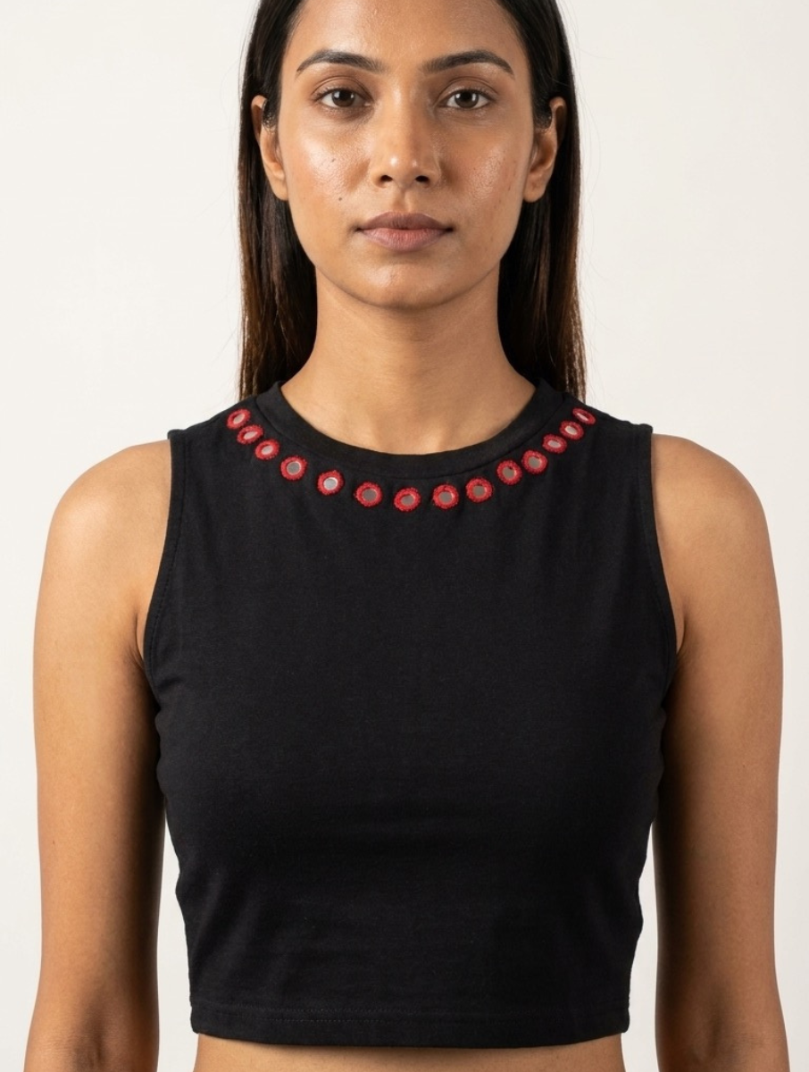 Black Jewel Mirror Hand Embroidered Stretchable Highneck Blouse/Crop Top