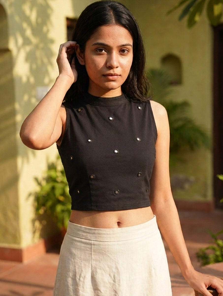Black Mirror Hand Embroidered Stretchable Highneck Blouse/Crop Top