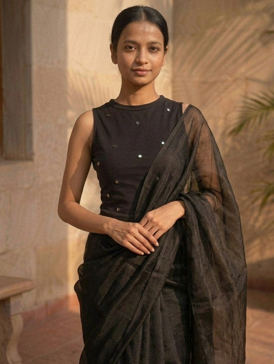 Black Mirror Hand Embroidered Stretchable Highneck Blouse/Crop Top