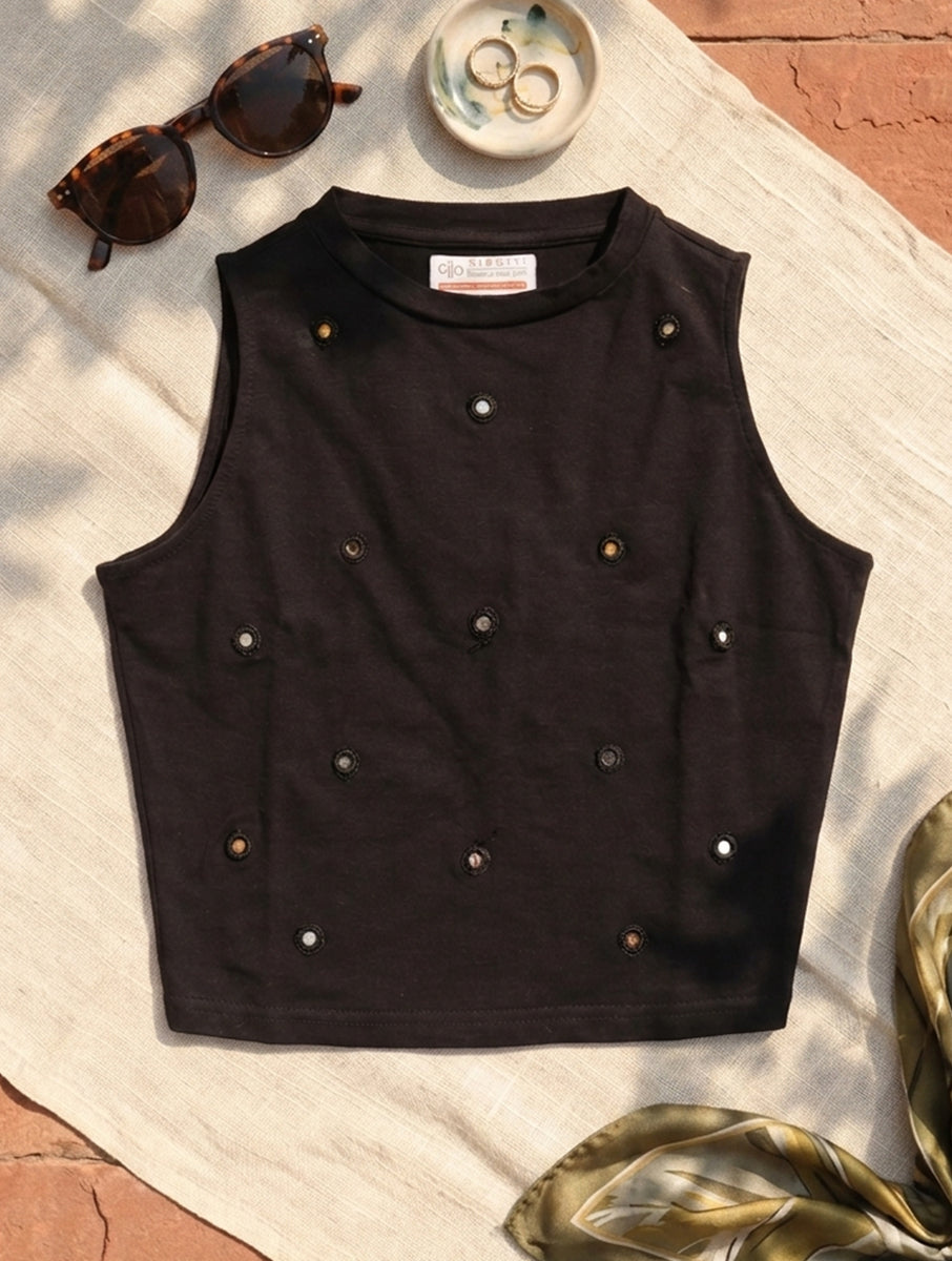 Black Mirror Hand Embroidered Stretchable Highneck Blouse/Crop Top