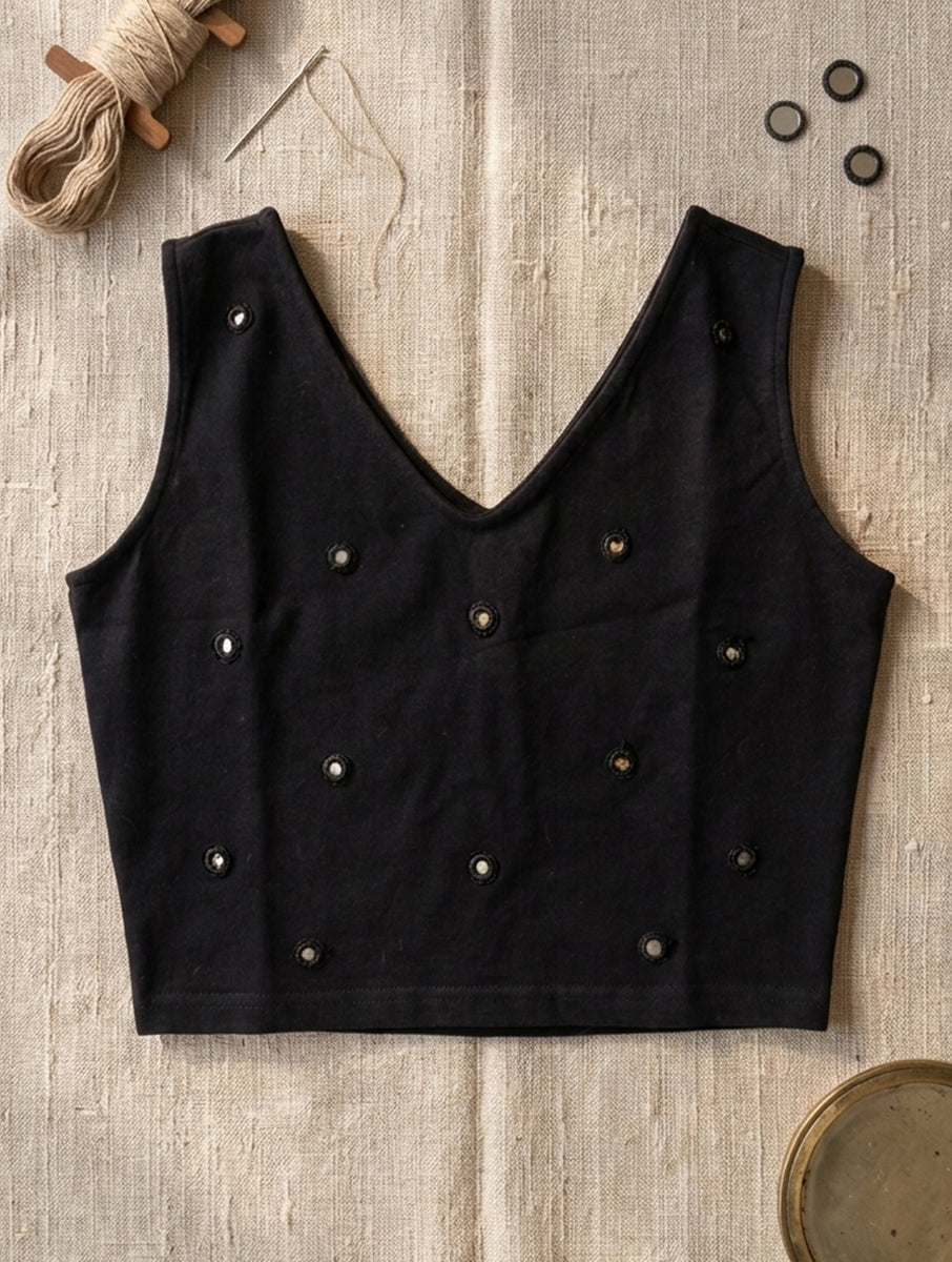 Black Mirror Hand Embroidered Stretchable Sleeveless Blouse/Crop Top