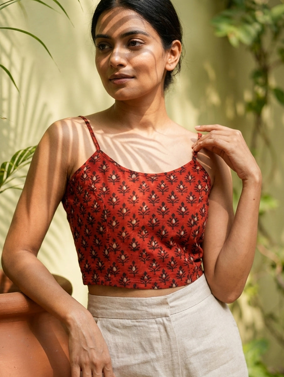 Brick Red Boota Dabu Printed Stretchable Spaghetti Blouse/Crop Top