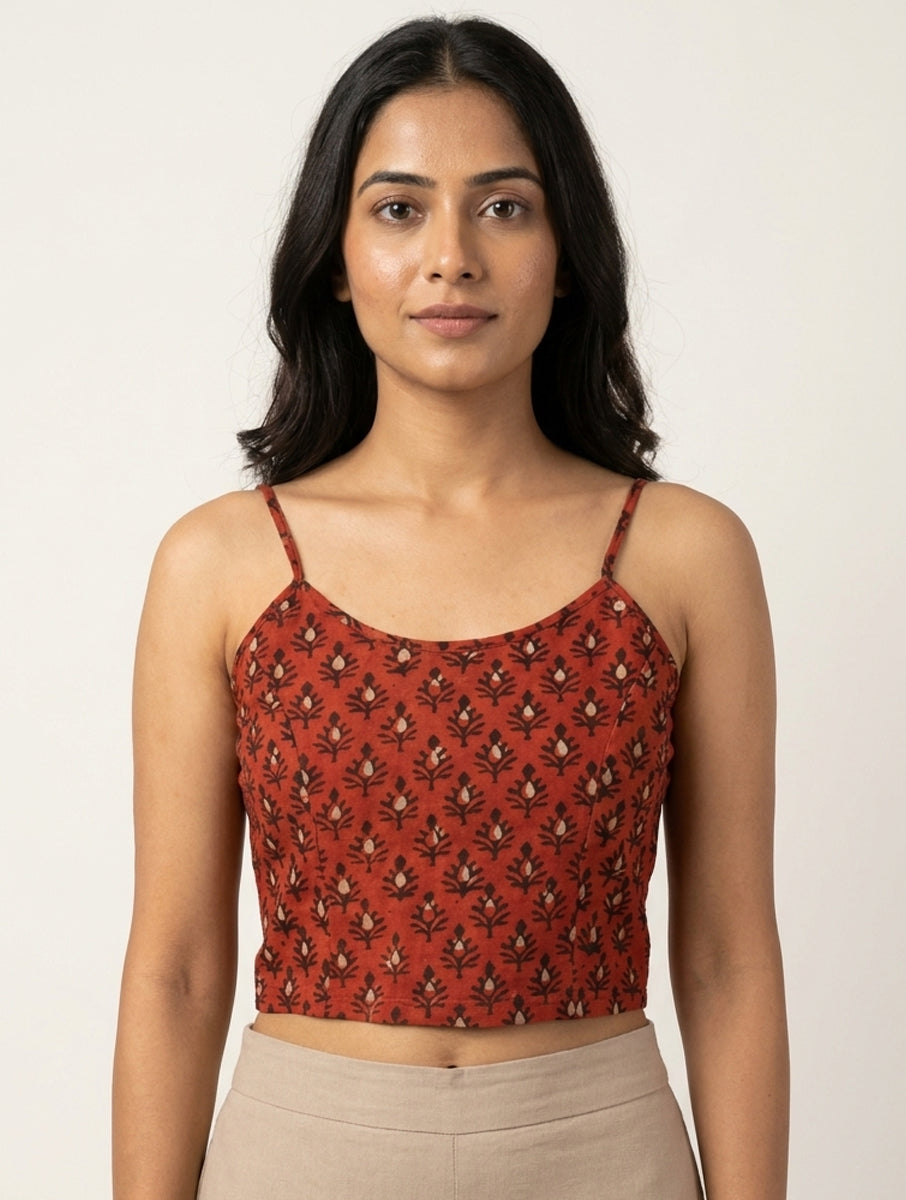 Brick Red Boota Dabu Printed Stretchable Spaghetti Blouse/Crop Top