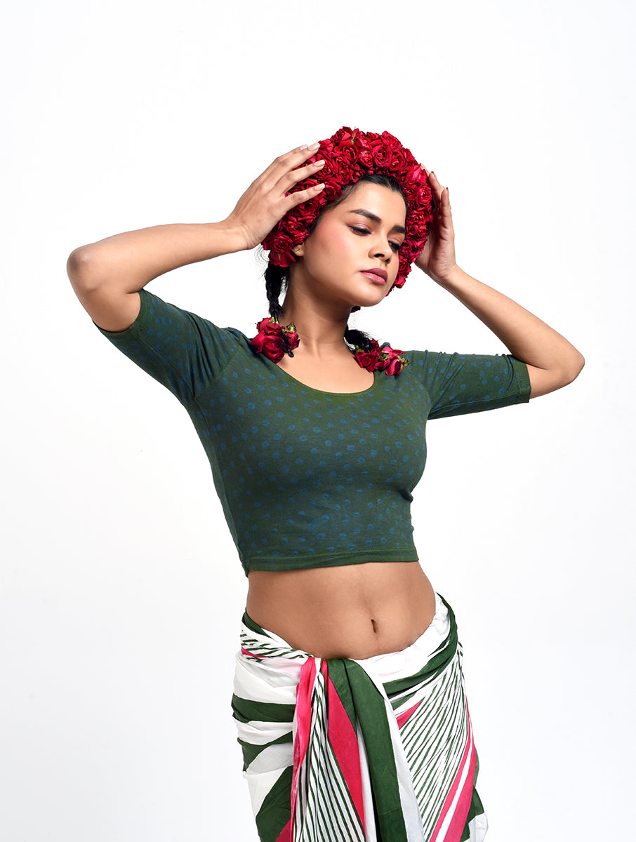 Green Blue Dot Bandhej Stretchable Blouse/Crop Top